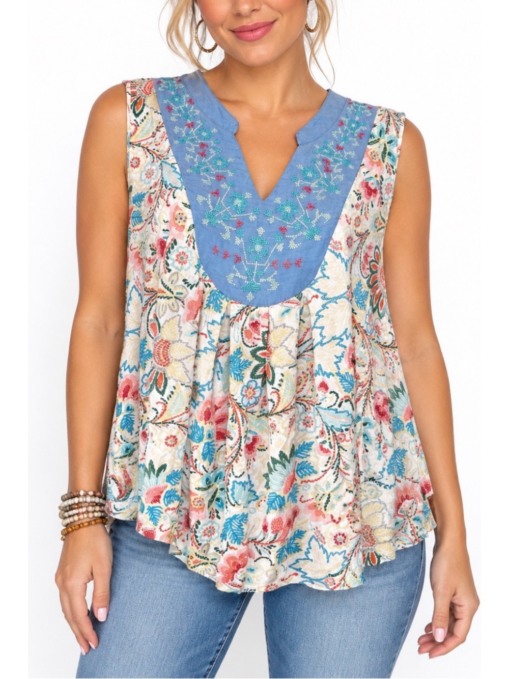 RXB Boho Floral Embroidered Sleeveless Top – Size Large